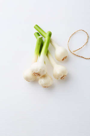 bunch of fresh garlic on white background, food top viewの写真素材