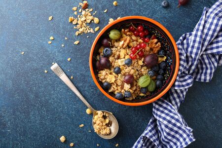 Granola with summer fruits for breakfast top viewの写真素材