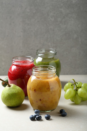 Autumn breakfast smoothie in jarsの写真素材