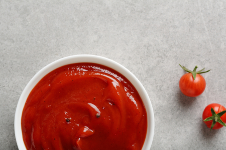 Food background with tomato sauce, food top viewの写真素材