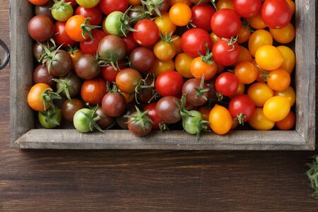 Ripe Cherry tomatoes on wood, food aboveの写真素材