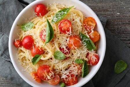 pasta with cheese and tomato top view, foodの写真素材
