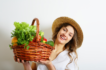 Happy girl with healthy foodの写真素材