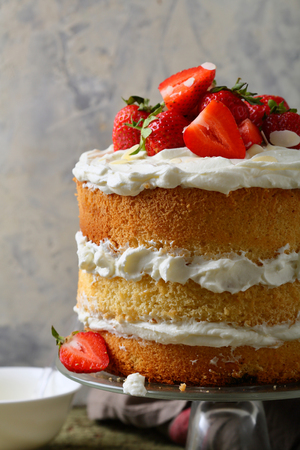 Cake with strawberries and cream, food closeupの写真素材