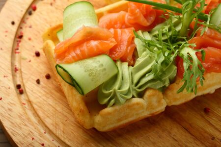 Waffle with salmon salad, food closeupの写真素材