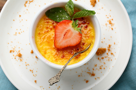 custard with fresh strawberry, food top viewの写真素材