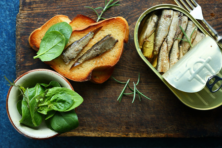 Sandwich with sprats, food top viewの写真素材