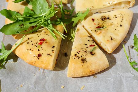 Focaccia with pesto, food aboveの写真素材