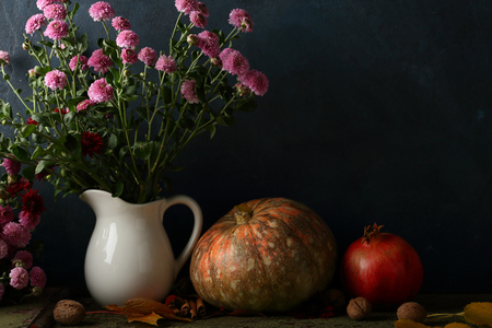 Autumn flowers and punpkinの写真素材