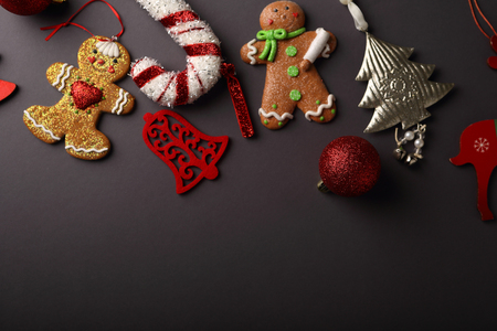 Christmas decorations flat lay background, holidayの写真素材