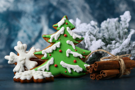 Christmas green tree and cookies, holiday food