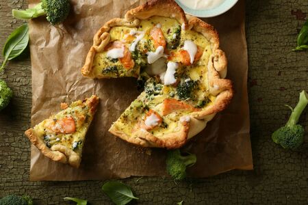 Salmon and broccoli quiche, food aboveの写真素材