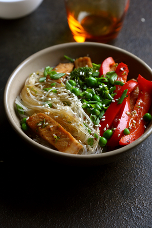 stir fry noodles with pork, food closeupの写真素材