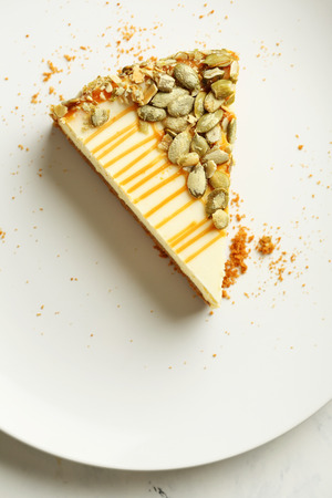One piece of cheesecake with caramel, food aboveの写真素材