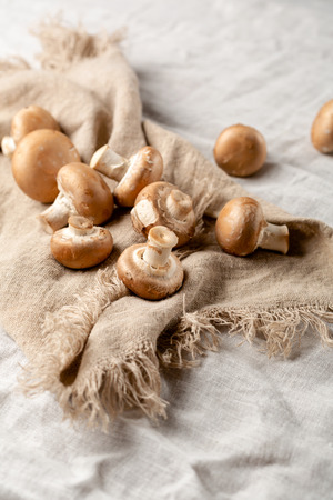 Raw mushrooms on napkinの写真素材