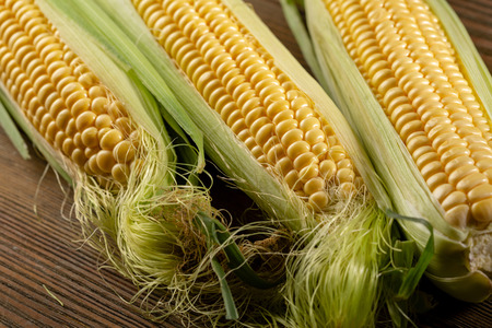 Fresh organic corn on wooden board
