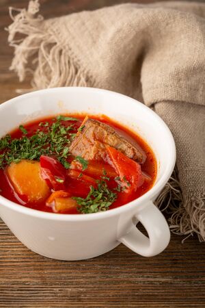 Beetroot rustic soup borsch with meatの写真素材