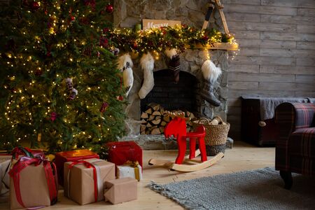 Christmas decoration and fire placeの写真素材