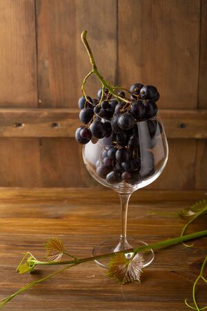 Wine glass full grapeson wood, wine conceptの写真素材