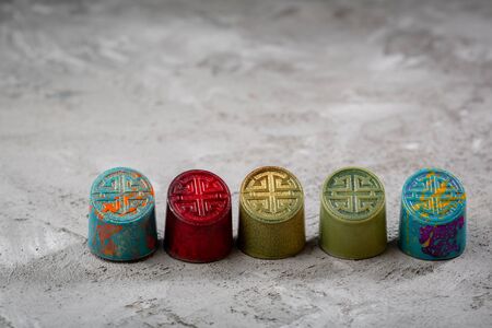Chocolate color bonbon collection on gray backgroundの写真素材
