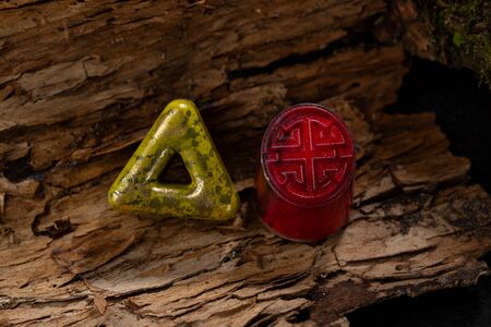 Chocolate candy set on nature wood backgroundの写真素材
