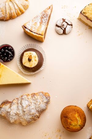 Food background with cakes top viewの写真素材