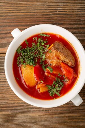 Red ukrainian soup with beefの写真素材
