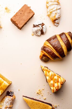 Food background with collection cakes top viewの写真素材