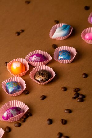 Chocolate Candy set top view and coffee beansの写真素材