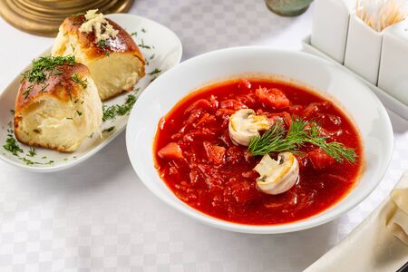 Portion of red russian soup, borschの写真素材