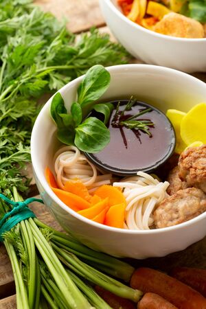 Bowl with meat and noodlesの写真素材