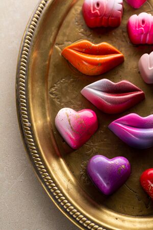 Valentineâs day candy collection top view on platterの写真素材