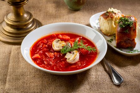 Portion of red cabbage russian soup, borschの写真素材
