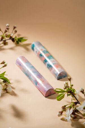 Spring collection of chocolate bonbon and  cherry blossomの写真素材