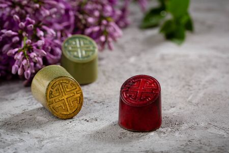 Chocolate color bonbon collection and lilacの写真素材
