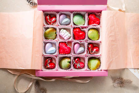 Chocolate candies in gift box, love concepts