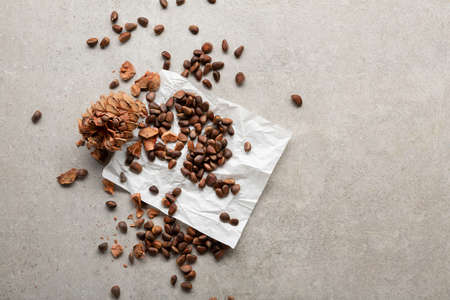 Overhead view of Pine nuts on gray surface