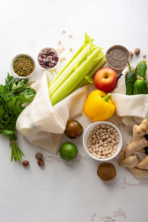 White table with healthy foodの写真素材