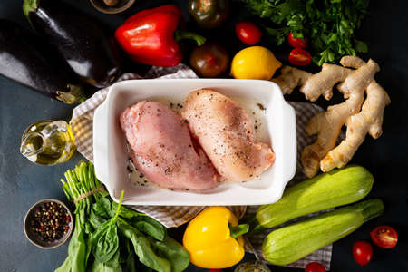Balanced food background, organic veggies and meatの写真素材