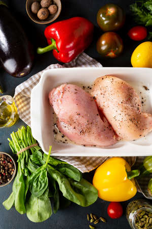 Fresh meat and produce top view, cooking conceptの写真素材