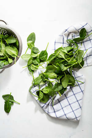 Spinach leaves on cloth and sieveの写真素材