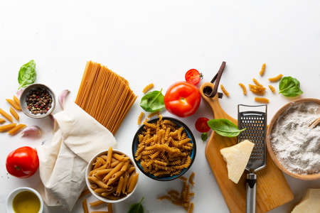 Whole wheat italian pasta overhead viewの写真素材