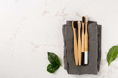 Natural eco bamboo toothbrushes top view, zero wasteの写真素材