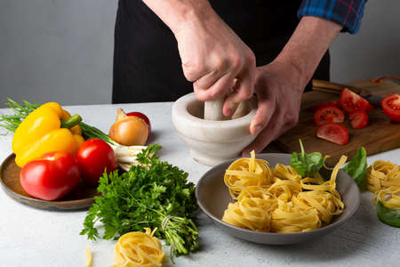 Making sauce for pasta, fresh ingredientsの写真素材