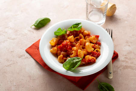 Close up of vegan pasta in white plateの写真素材