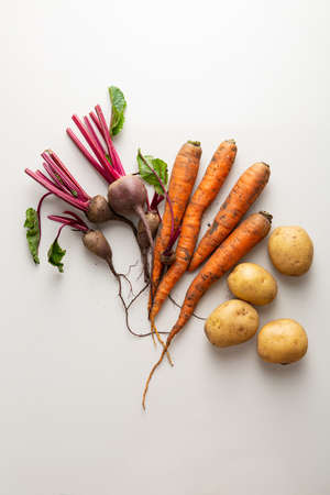 Overhead view of  roots carrots, beets and potato on light surfaceの写真素材