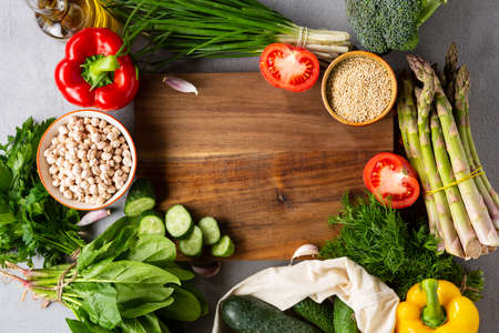 Overhead view of clean food and kitchen boardの写真素材