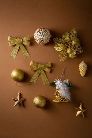 Overhead view of golden Christmas decorationsの写真素材