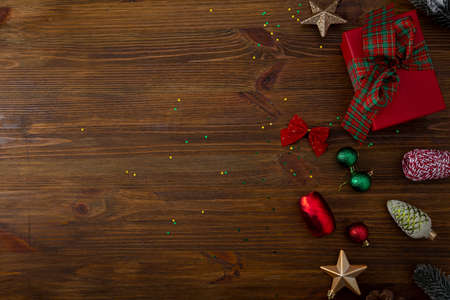Rustic wooden background with Christmas decorationsの写真素材