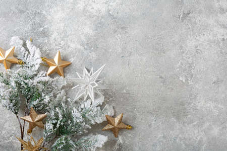 Snow branch and golden stars on light surface, Christmas conceptの写真素材